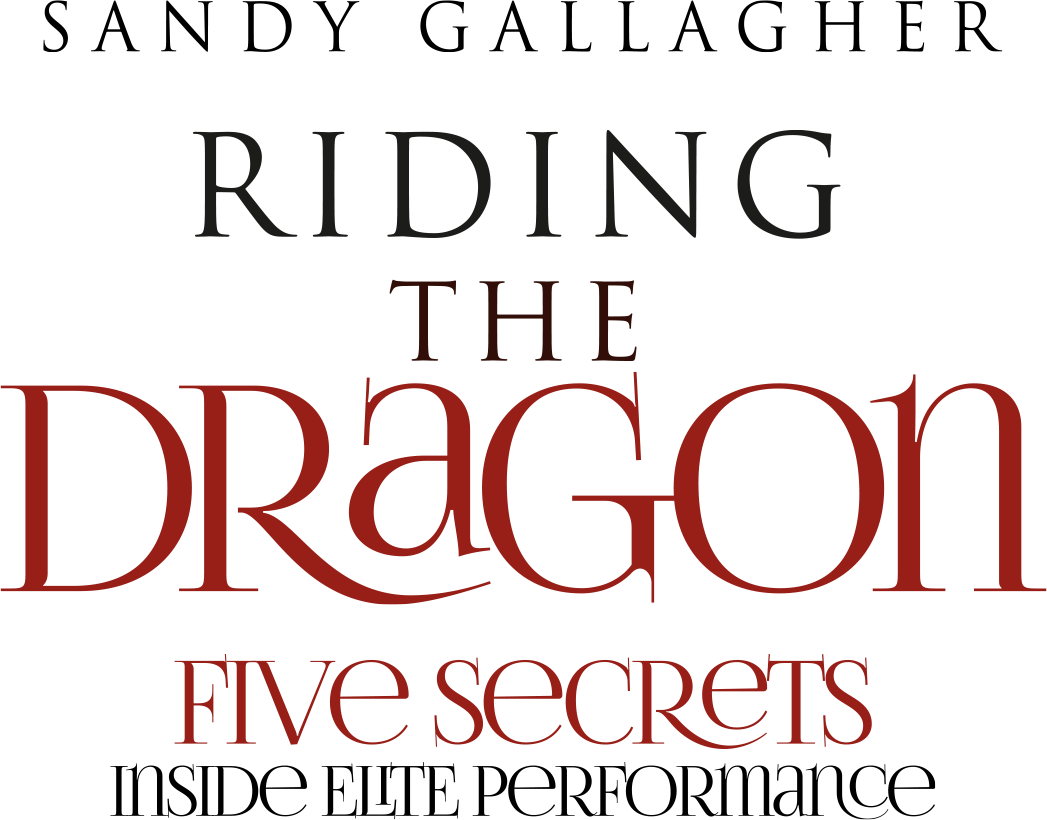 Text logo: Sandy Gallagher Riding the Dragon - Five Secrets Inside Elite Performance