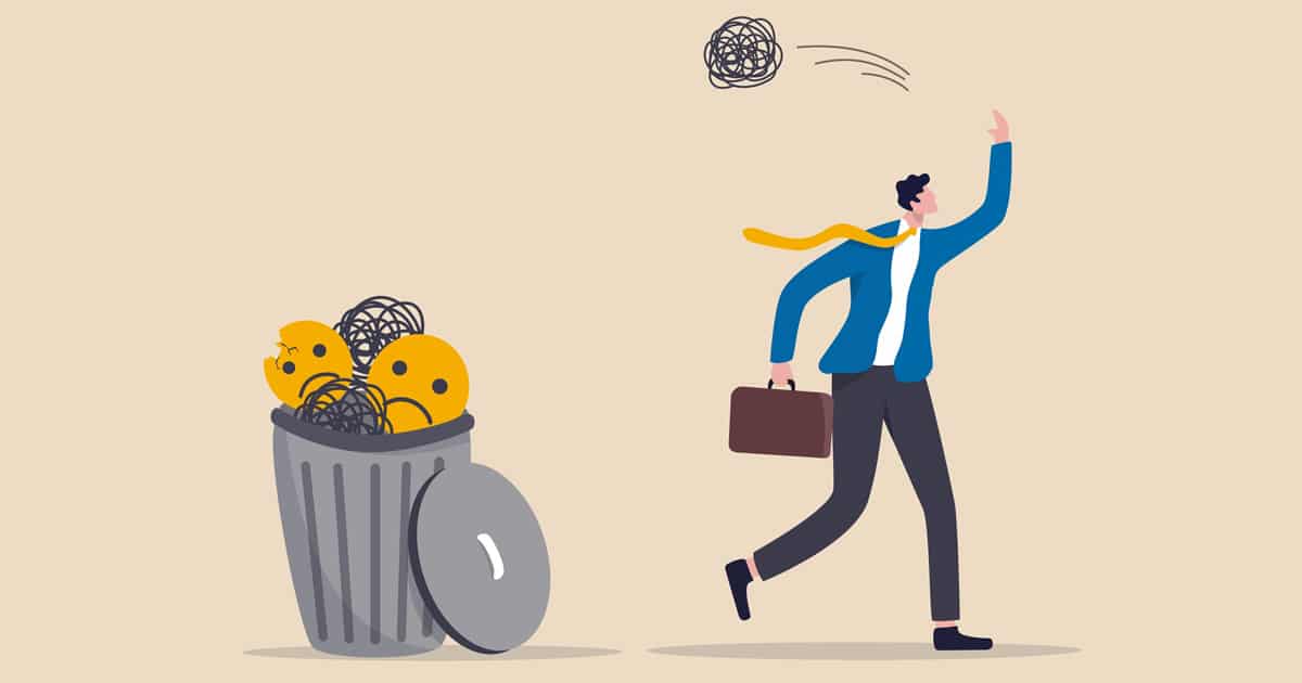 Cartoon of business man throwing negative thoughts in the garbage