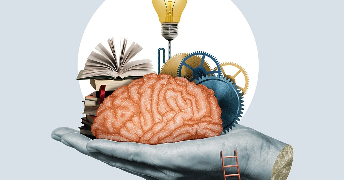 Cartoon of a hand holding a brain.
