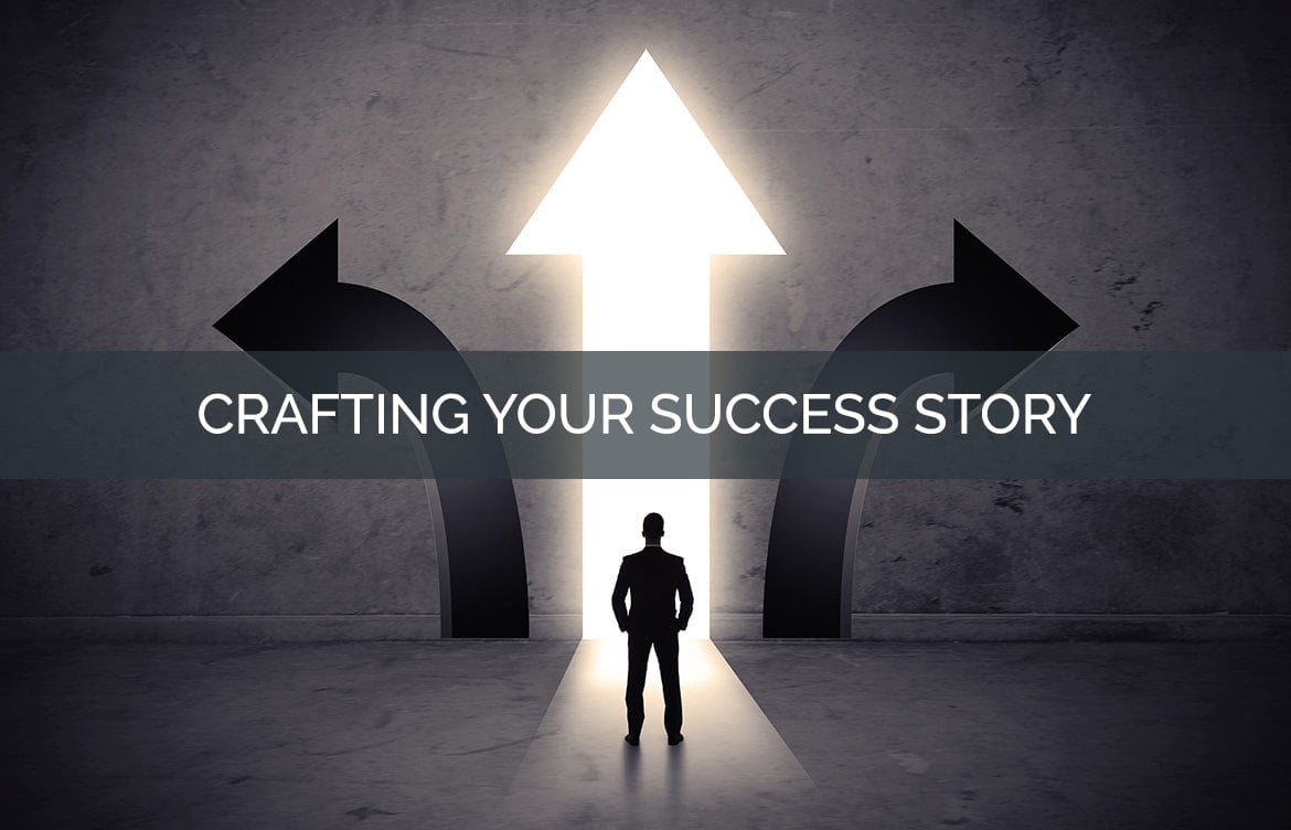 Man standing in font of an arrow shaped doorway with Crafting your success story text.